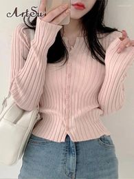 Women's Knits Knitwears Crop Top Solid Cardigan Kawaii Pink Full Sleeve Skinny T Shirt Korean Fashion Casual Button Up Tops ASTS86358