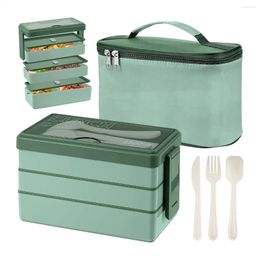 Dinnerware Sets 1500Ml Bento Box With Bag - 3 Layer Lunch Cutlery Set 4-In-1 Meal Prep Container Insulated Bag(Green)