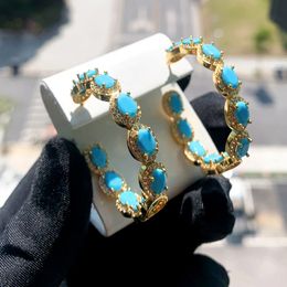 39mm Medium Sized Hoop Earring Geometric Oval Shaped Turquoises Huggie 5A Cubic Zirconia Bohemian Vintage Fashion Women Jewelry 231226