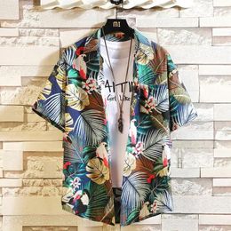 Men's Casual Shirts Retro Summer Thin Short Sleeved Shirt Japanese Loose BF Style Hawaiian Coconut Print Mens Polyester Camisas