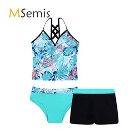 set MSemis Kids Girls Tankini Swimsuit Floral Printed Swimwear Swimsuit Tops with Swimming Bottom Shorts Children's Bathing Suit Set