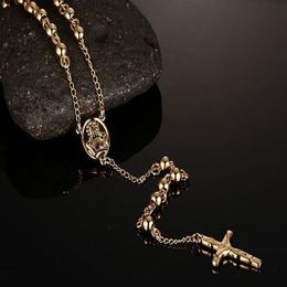 Fashion Long rosary beads chain Men's charm Jesus Necklace & pendants stainless steel men's jewelry Silver Gold Rose Gol2494