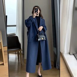 Autumn Winter Women Woollen Cloth Coat Warm Long Length Double Breasted Navy Blue Female Elegant Outerwear Loose Belt Overcoat 231227