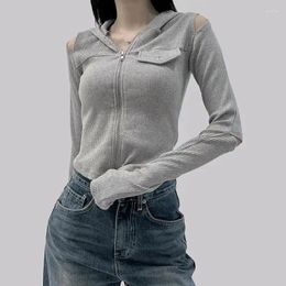 Women's Hoodies American Retro Hollow Out Zipper Short Cardigan Hooded Coat Women Tops Autumn Spicy Girls Slim Fit Long Sleeve Top