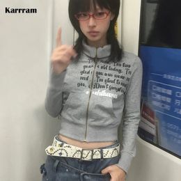 Karrram Japanese Y2k Cropped Jacket Vintage Harajuku Short Coat American Retro Letter Print Zipper Sweatshirt Grunge Outerwear 231227