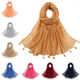 Ethnic Clothing Summer Cotton Tassel Scarf For Women Turban Solid Color Sunscreen Thin Scarves Soft Shawl Foulard Female Head Wrap Shawls