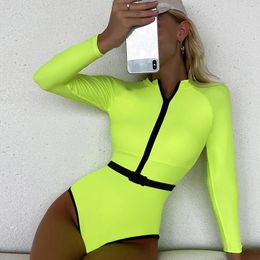 Wear Neon Yellow Long Sleeve Swimsuit Rashguard Women Surfing Swimwear Surfing Diving Swimming Diving Suit Women Bodysuit Rash Guard