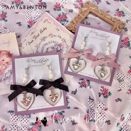 Female Lolita Earrings Japanese Style Bow Heart Ear Accessories Shape Rhinestone Pearl Earrings for Women 231227