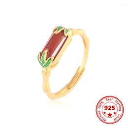 Cluster Rings Real 925 Sterling Silver Gold Colour South Red Agate Ring Fashion Vintage Bamboo Joint Open Finger For Women Luxury Jewellery