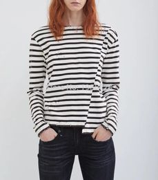Women's T Shirts Cotton Black & White Contrast Striped Asymmetric Shirt Features Ripped Detail - Stylish Ss Vintage Long Sleeve Tees Top