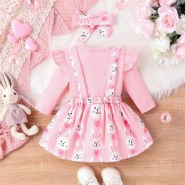 Clothing Sets Born Baby Girl Easter Pink Outfit Long Sleeve Infant Romper Suspender Skirt Overall Dress Headband