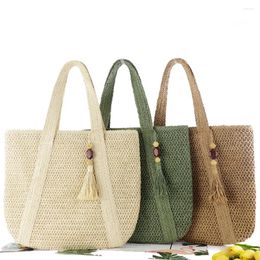 Evening Bags With Pendant Straw Woven Handbag Elegant Large Capacity Solid Colour Top-Handle Bag Knitted Purses Women