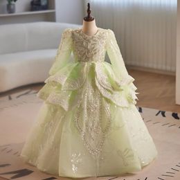 2024 green lace Flower Girls Dresses For Weddings long sleeves crystals Scoop Ruffles Lace Tulle Pearls Backless Princess Children Wedding Birthday Party Dresses