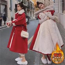 Women's Trench Coats Add Velvet Padded Red Woollen Jacket Winter 2023 Casual Warm Long Sleeved Mid Length Parker Cotton-padded Coat