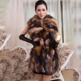 Women Real Fox Fur Long Vest Fashion Ladies Winter Sleeveless Belt Design Thick Clothes Large Size Raccoon Fur Leather JacketRea 231226