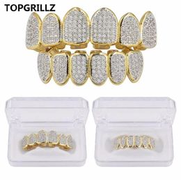 Europe and America Hip Hop Iced Out CZ Gold Teeth Grillz Caps Top Bottom Diamond Teeth Grillzs Set Men Women Grills3202
