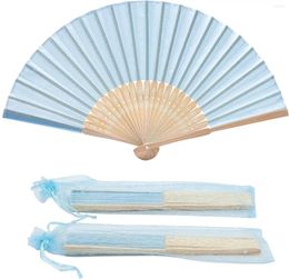 Party Favour Blue Imitated Silk Fabric Bamboo Folded Hand Fan Bridal Dancing Props Church Wedding Gift Favours With Bags