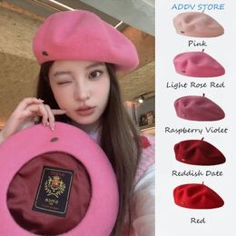 Women's Winter High Quality Wool Beret Metal Copper Buckle Solid Color Painter Hat Satin Embroidery Vintage Beanie 231226