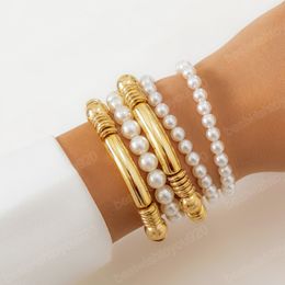 Bohemian Imitation Pearl Beaded Bracelet for Women Gold Colour CCB Bend Tube Strand Bangles Fashion Party Jewellery Wedding