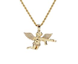 Top Quality Jewellery Zircon Gold Silver Cute Angel Baby Carry Gun Stuff Pendant Necklace Rope Chain for Men Women9704680