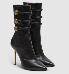 Elegant Winter Brand Bal Alma Roni Ankle Boots Metal Stiletto Heels Black Calf Leather Pointed Toe Gold Buttons Booties Lady Party Dress Elegant Walking EU35-43