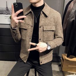 Autumn/Winter Men Polo Neck Woollen Jacket Fashion Slim Fit Suit Coat HighQuality Chequered Multi Pocket Korean Casual Jacket 231226