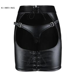 Skirts Kimring Gothic Leather Skirt big Ass Open Butt ClubWear Mini Skirt Sexy Tight Hip Skirt 210306