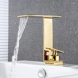 Bathroom Sink Faucets Gold Brass Waterfall Basin Mixer Tap Chrome Finish Cold