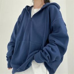 Women Hoodies Solid Colour Zip Up Pocket Oversized Harajuku Korean Sweatshirts Female Long Sleeve Hooded Streetwear Casual Top 231227
