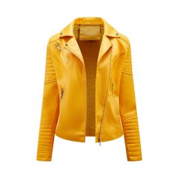 Women's Moto Biker Zipper Jacket Spring Faux Leather Jacket Women Autumn Motorcycle Coat Outerwear Yellow Brown Pink 231226