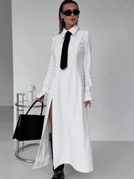 Casual Dresses TARUXY Side Slit Long Dress For Women White Elegant Turn Collar Tie Midi Femme 2024 Street Loose Slender Woman