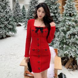 Casual Dresses Autumn And Winter Red Bow Square Neck Slim Fit Knitted Bottoming Sweater Long Sleeve Dress