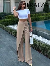 Women's Pants TRAFZA Women Chic Khaki Elegant Loose Wide Leg Casual Vintage High Waisted Side Zipper Female Long Trousers Streetwear