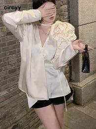 Women's Blouses Circyy Apricot Blouse Women Shirts 2023 Fall Satin V Neck Long Sleeve Loose Top Vintage Office Lady Designer Button Up Shirt