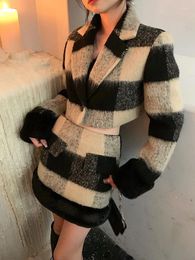 Casual Dresses 2023 Spring Faux Fur Plaid Blazer Suits Women Y2k Crop Top Mini Skirt Office Lady 2 Piece Dress Korean Fashion Clothing
