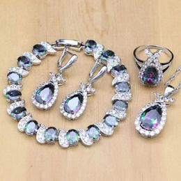 Bracelets Natural Mystic Rainbow Zircon Stone Fish Sier Jewelry Sets for Women Party Earrings/pendant/ring/bracelet/necklace Set
