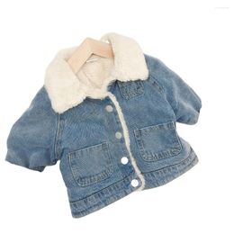 Jackets Two Style Korean Girls Denim Jacket Children Plush Velvet Winter Coats 2023 Baby Girl Top Clothes