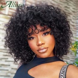 Natural Jerry Curly Wig With Bangs Human Hair Wigs Black Women Short Coloured Burgundy Brown Glueless Brazilian Remy Hair Allure 231227