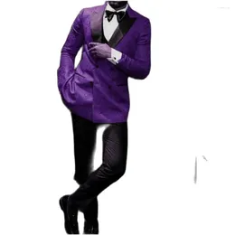 Men's Suits Purple Jacquard Men 2 Pieces Double Breasted Costume Homme Slim Fit Wedding Tuxedos Groom Prom Terno Masculino Blazer