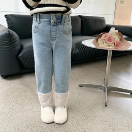 Trousers Children Clothing Kids Pants Plush Girls Stretch Slim Fashionable Casual Simple Patchwork Full Length Jeans