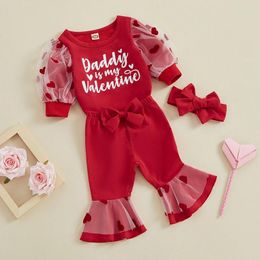 Clothing Sets Sweety Infant Baby Girl Valentine's Day Set Long Sleeve Heart Print Romper Elastic Waist Flare Pants Headband 3 Piece Outfits