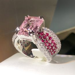 Lovely Pink CZ Zircon Diamond Stone Rings for Women Girls Nice Elegant Love Luxury Designer Cute Big Square Stone Chinese Finger Ring Jewellery