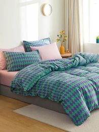 Bedding Sets Korea Style Simple Cotton Comforter Set Purple Plaid Bed Sheet Quilt Cover 3pcs Soft Fabric Duvet