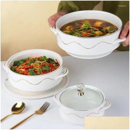 Bowls Ceramic Soup Bowl Phnom With Glass Er Handle Salad Fruit Large Noodle Rice Pot Home Dessert Breakfast Oatmeal Tableware Drop D Dhhbg