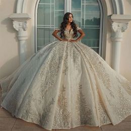 Stunningbride 2024 Princess Off Shoulder Puffy Luxury Ball Gown Wedding Dress White Fashion Sparkly Lace Brides Dress Pageant Custom Made