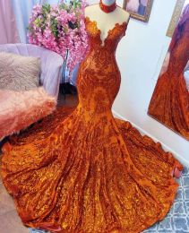 Orange Sparkly African Evening Celebrity Dress For Women Gillter Sequins Applique Birthday Prom Gown Vestidos De Gala Black Girl 322