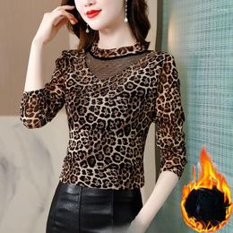 Women's Blouses 2023 Autumn Winter Leopard Print Tops Female Half High Collar Mesh Shirts Ladies Slim Bottoming Shirt G539
