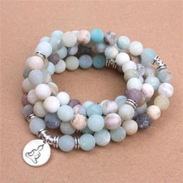 Beaded Strands Fashion Women Bracelet Matte Frosted Amazonite Beads With Lotus OM Buddha Charm Yoga Mala Necklace236L