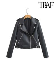 TRAF Fashion Faux Leather Cropped Motorcycle Jacket Coat Vintage Long Sleeve Zip-up Female Outerwear Streetwear 231226