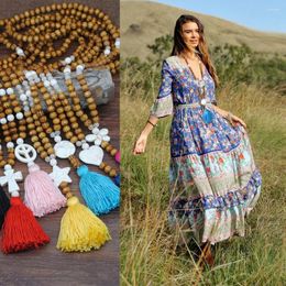 Pendant Necklaces Colourful Tassel Long Sweater Necklace Wood Bead Woven Vintage Ethnic Bohemian Boho Handmade Heart Star Nature Stone